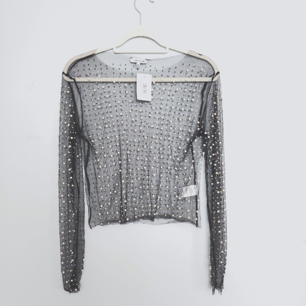 Black, White Birch, Mesh, Pearl Beaded, Sheer, Layering Top, Medium, NWT